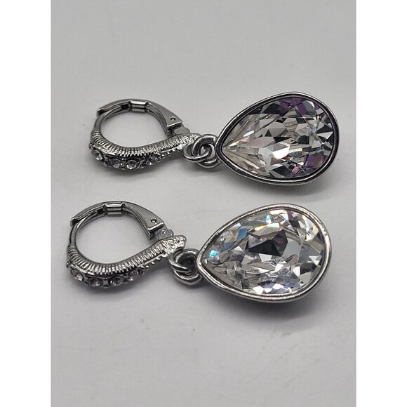 VTG Givenchy Estate Dangle Teardrop Crystal Silver Tone Clip On Earrings - Picture 2 of 6